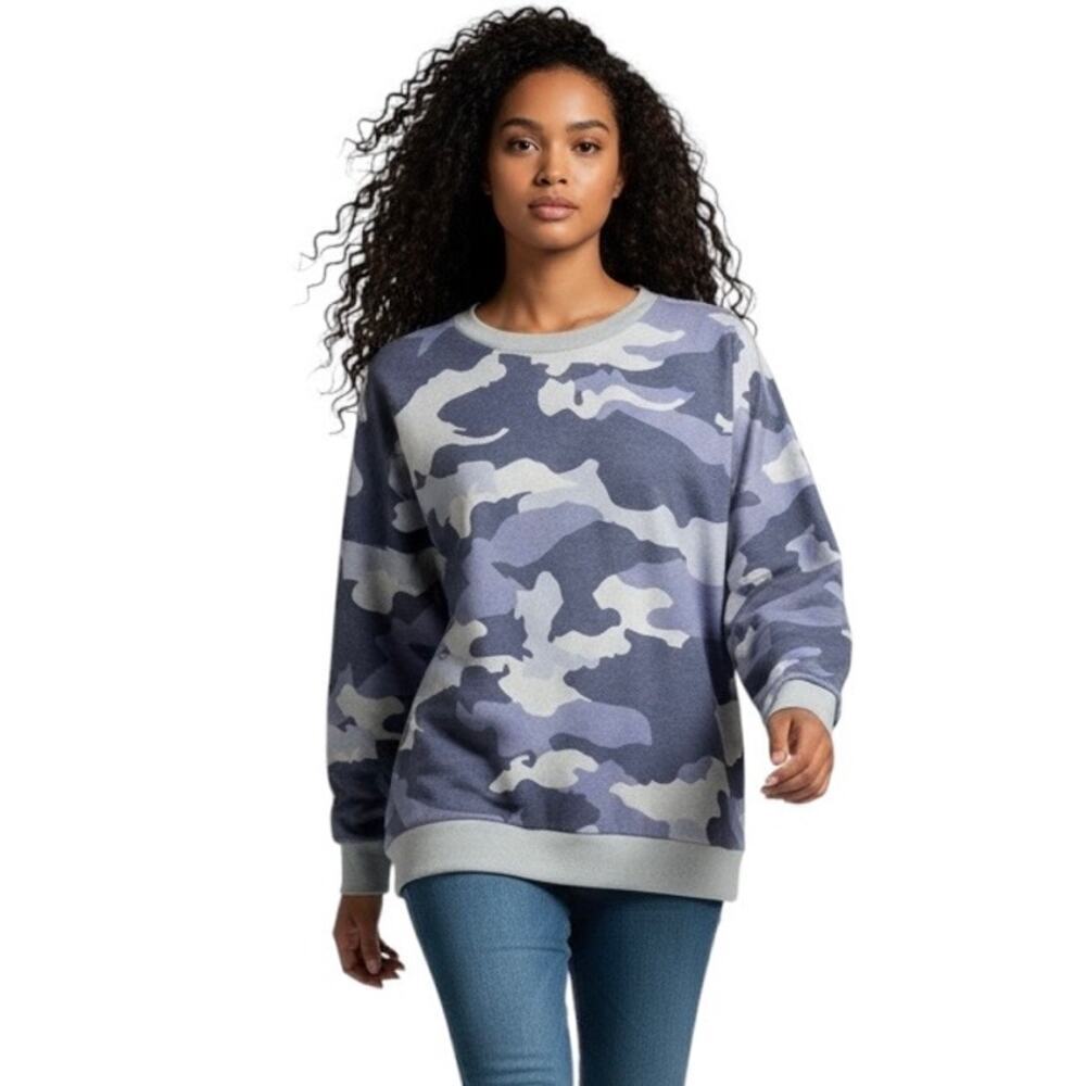 BTFBM Women's Sweater M Camo Print Gray & Purple Long Sleeve Crew Neck Pullover